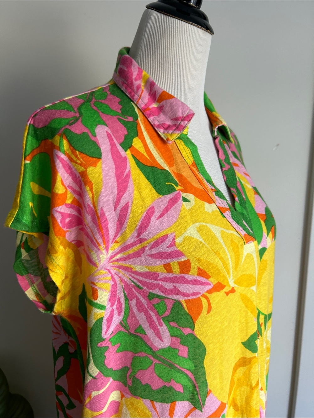 C&C California Green Yellow Pink Tropical Shirt Dress - Picture 3 of 8